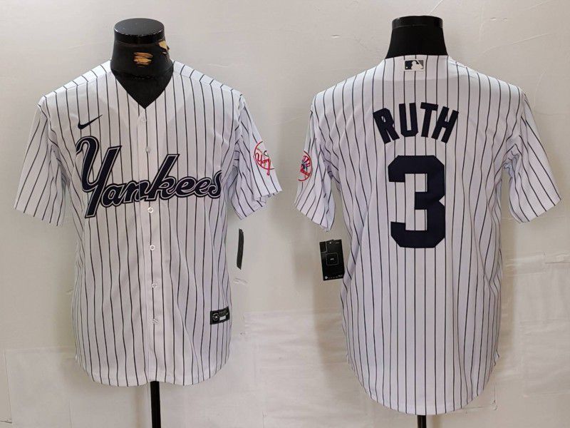Men New York Yankees #3 Ruth White stripe Three generations of joint names Nike 2024 MLB Jersey style 1